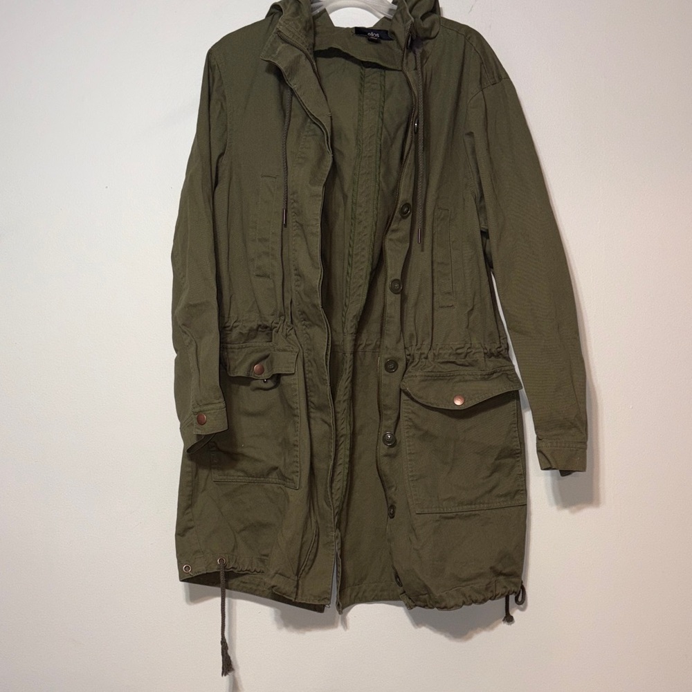 ellos olive green hooded parka jacket 100% Cotton, tie around waist sz M 14/16